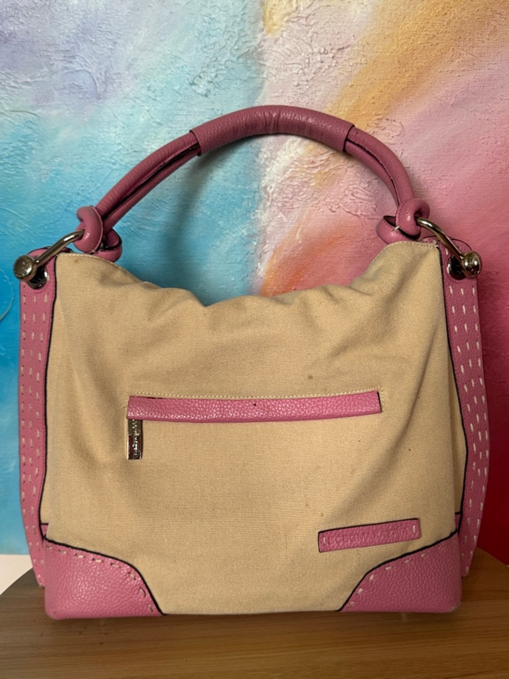 BCBGMazAzria satchel bag canvas with leather trim Silvertone hardware.